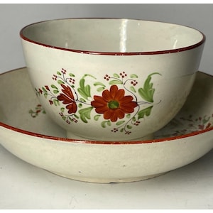 Antique Creamware Staffordshire Handleless Cup & Saucer Flowers English Pottery