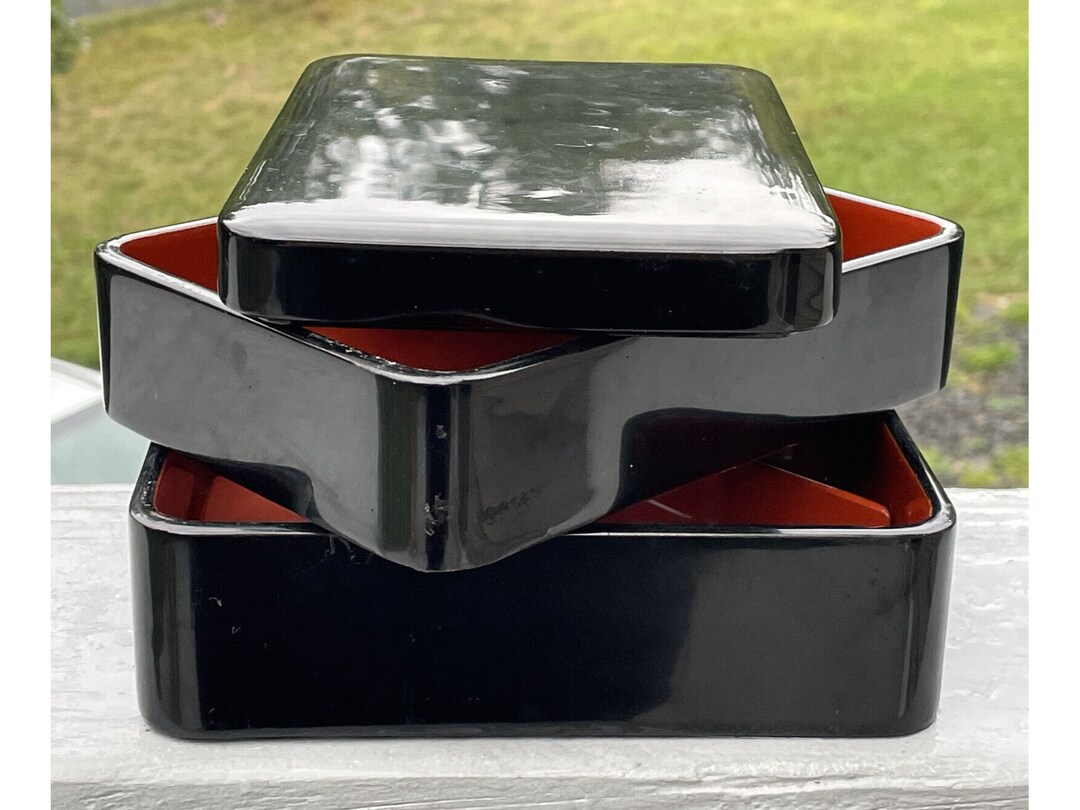 Vintage Black & Red Lacquer Bento Box Japanese Stacking Tier Storage