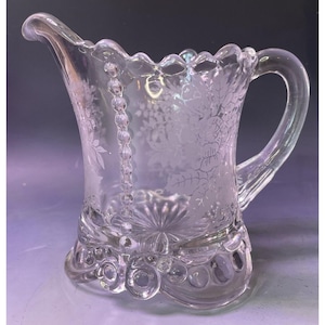 Antique Beaded Scroll Etched Creamer Pitcher Glass 19th / 20th C. EAPG