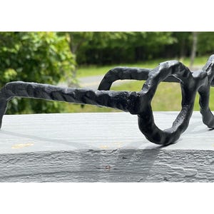 May include: A black, abstract sculpture of spectacles. The sculpture has a textured, wrought iron appearance. The glasses are resting on a grey surface, with a blurred green background of trees and foliage.