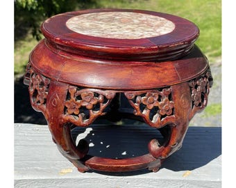 Antique Chinese Hand Carved Wooden Prunus Cherry Blossom Stand w/ Marble Stone