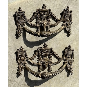 Pair of Antique Neoclassical Cast Brass Hardware Drawer Pull Handles Victorian
