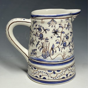 Vintage 20th C. Blue Floral Ceramic Pitcher Creamer Portugal European Pottery