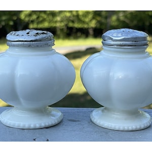 Pair of Antique EAPG Victorian Pearlescent Milk Glass Bead Footed Melon Shakers