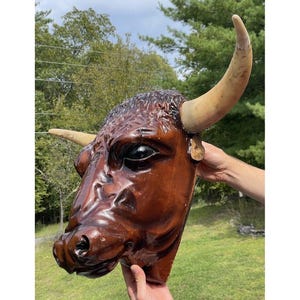 RARE & LARGE Hand Carved Folk Art Wood Bull Trade Sign Wall Plaque Steer Western
