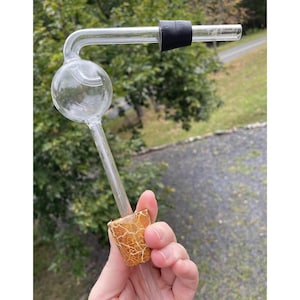 May include: A clear glass scientific apparatus with a bulb and bent tube, held by a cork stopper. The apparatus has a black rubber stopper on the end of the tube. The background is blurred green foliage.