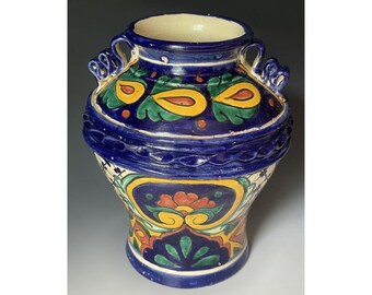 Vintage 20th C. Mexican Folk Art Talavera Hand Painted Terracotta Pottery Vase