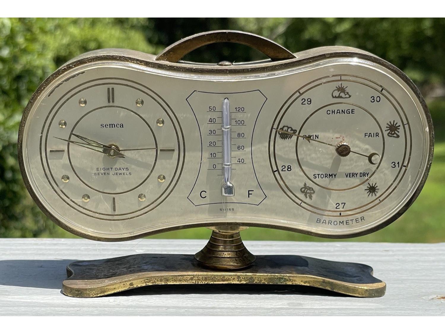 20th C. Retro Seven Jewels Eight Days Semca Thermometer Clock