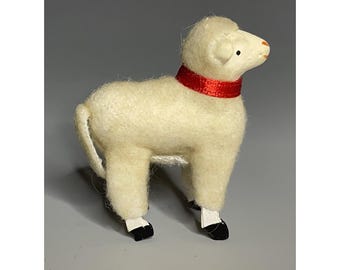 Vintage German Putz Wool Sheep Ornament: Wood Lamb With Satin Bow