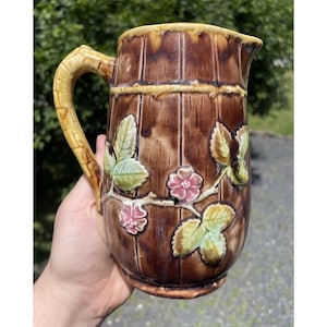 Antique Dogwood Majolica Victorian 19th C. Glazed Pottery Pitcher Figural Barrel