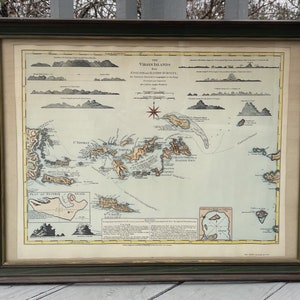 Vintage Mid-Century Laurie Whittle Repro. Mapa do Capitão Náutico das Ilhas Virgens