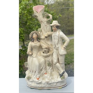 12 3/4&quot; Antique 19th C. Staffordshire Couple Beneath Tree Trunk Vase Figure