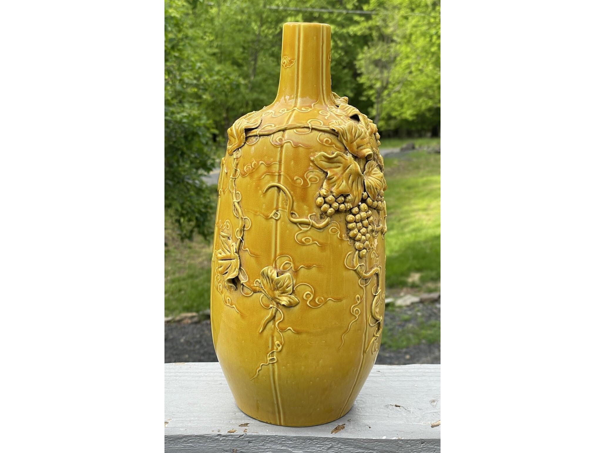 中国陶磁器 明法花壺 黄色 中国陶磁器 明法花 鳳凰壺 花瓶 中国