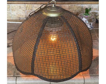 Mid-Century Scandi Retro Caned 60s 70s Swag Wicker Lamp Vintage Lighting Hanging