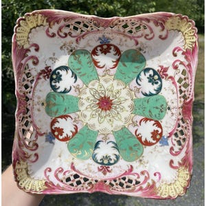 Antique Reticulated Porcelain Victorian Era Square Fruit Bowl Dish 19th C.