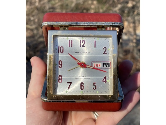 Vintage Tokyo Tokei 2 Jewels Red TESTED - Works - Alarm Folding