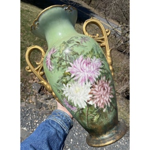LARGE 15.5&quot; Antique Continental Porcelain Hand Painted Gilt Handled Vase