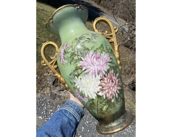 GROSSE 15,5 "Antike Continental Porzellan Hand bemalte Vase mit vergoldeter Griff