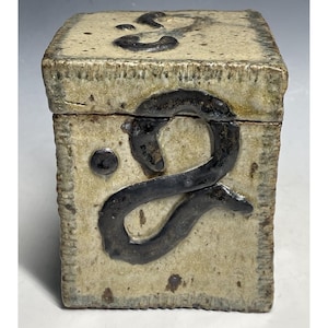 Könnte beinhalten: Eine kleine, quadratische Keramikdose mit Deckel. Die Dose ist mit einem schwarzen und weißen Design einer stilisierten Schlange verziert. Die Dose ist aus rauer, strukturierter Keramik.