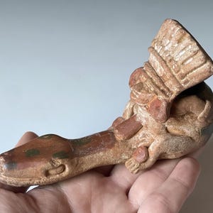 Replica Pre-Columbian Priest Shaman Snake Man Pipe Terracotta Effigy Maya Inca