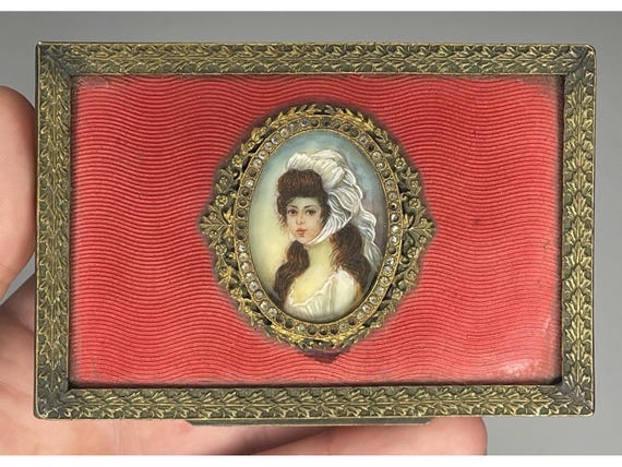 FINE Antique Guilloche Red Enamel & Gilt Bronze Portrait Trinket Jewelry Box