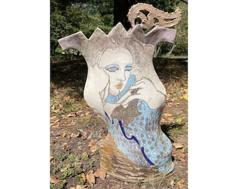 Vasija de arte raku escultural de doble cara, estilo retro Kemenyffy, fina y grande, del siglo XX