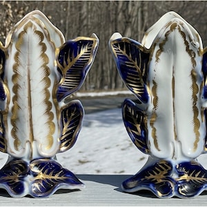 PAIR of Antique Victorian Blue Gilt Porcelain Leaves Vase Art Nouveau Mantel