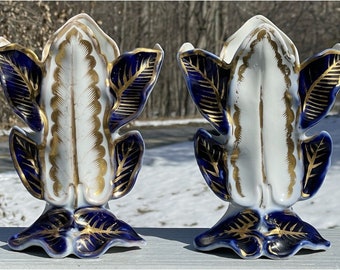 PAAR antiker Viktorianischer Blauvergoldeter Porzellan Blätter-Vase Jugendstil Mantel