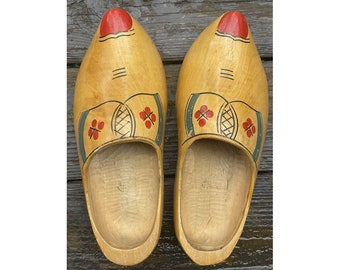 Vintage 20th C. Hand Carved Dutch Holland Wooden Clogs Hand Painted Art