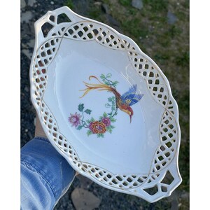 Antique - Vintage Rudolstadt Porcelain Reticulated Dish w/ Exotic Bird & Flowers