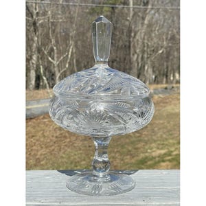 Antique 20th C. Pressed Cut Clear Glass Lidded Candy Container Dish Footed Deco