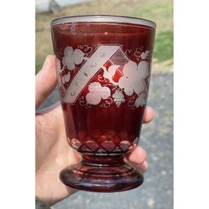Antique Ruby Red Flashed Cut Frosted Glass Bohemian Goblet Wine Tumbler