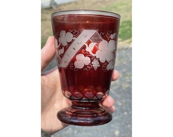 Antique Ruby Red Flashed Cut Frosted Glass Bohemian Goblet Wine Tumbler