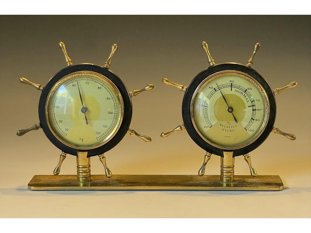 Antique - Vintage Germany Brass Ships Wheel Thermometer Hygrometer