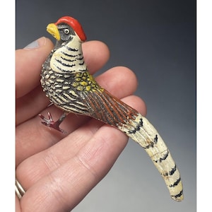 Antique 1920s Putz Erzgebirge German Handmade Plaster Pheasant Bird Carving Folk
