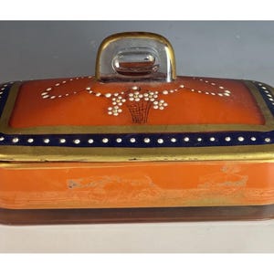 Vintage Hand Painted Orange Clear Glass Gilt Vanity Candy Box Jar Enameled