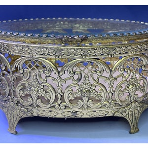 Vintage Hollywood Regency - Mid Century Gilt Ormolu Filigree Jewelry Box Glass