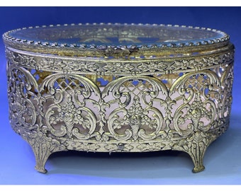 Vintage Hollywood Regency - Mid Century Gilt Ormolu Filigrane Schmuckschatulle Glas