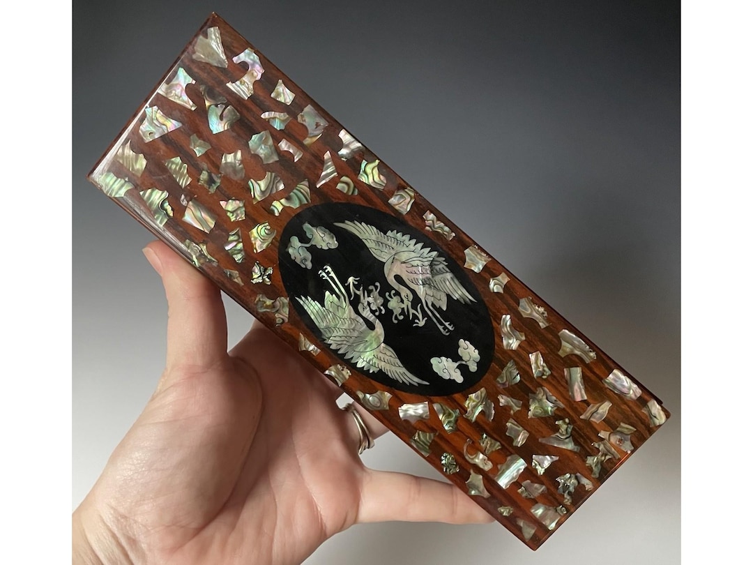 Chinese Shell Inlay Box Vintage 20th C. Abalone Shell Inlaid Wood Box Asian Trinket Jewelry ...