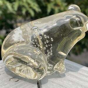 May include: A clear glass frog figurine with air bubbles trapped inside. The frog is sitting on a gray surface.