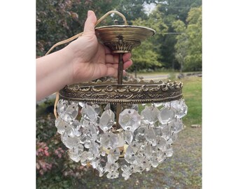 Hollywood Regency Brass Light Crystals Spain Ceiling Lamp Basket Chandelier