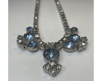 Antique Vintage Art Deco Paste Blue & Clear Crystal Rhinestone Flapper Necklace