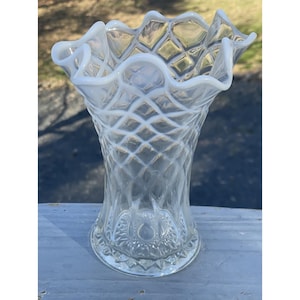 Antique EAPG Opalescent Jefferson Glass Clear & White Flower Vase Victorian