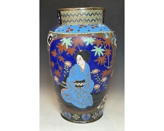 Jarrón japonés cloisonné de la era Meiji, antiguo, de gran tamaño, del siglo XIX, con geisha