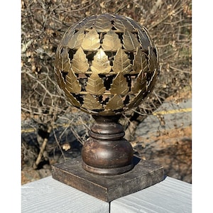 10 3/8&quot; Gold Toned Metal Maple Leaf Sphere Topiary Sculpture Wooden Harvest