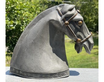 20th C. Mixed Metal Horse Bust Art Sculpture Pewter Base Copper & Brass Bridle