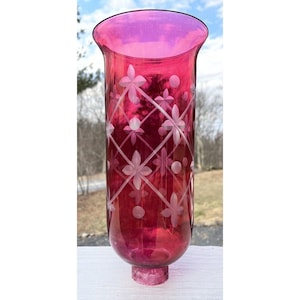 May include: A tall, ruby-red glass vase with a flared top and a round base. The vase features an etched floral and geometric pattern. The glass is transparent, allowing light to pass through, and is suitable for decorative purposes.