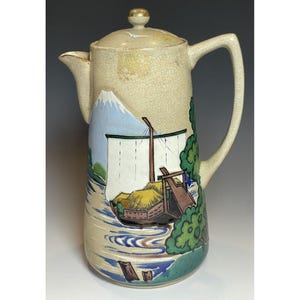 Antike Jugendstil Satsuma Emaille Fuji Wasser Schiff & Bäume Krug Japan