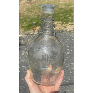 Antique 3 Three Ring Glass Georgian Decanter Bottle Wine Wheel Etched Grapes