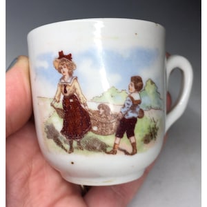Antique Staffordshire Polychrome Transferware Child&#39;s Mug w/ Lady Puppy & Boy